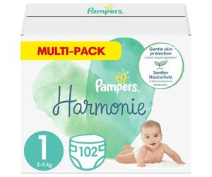Pampers Couches Taille 1 (2-5 kg), Harmonie, 102 Couches Bébé, Pack 1 Mois, 0% de compromis, 100% d'absorption, Ingrédients d'origine végétale, Hypoallergéniques, L'emballage peut varier