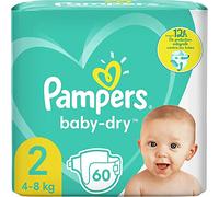 Pampers Couches Taille 2 (4-8 kg), Baby-Dry, 60 Couches Bébé, Jusqu'à 12h Bien Au Sec et Avec Double-Barrière Anti-Fuites