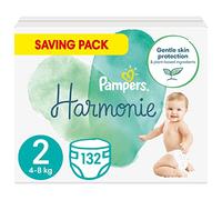 Pampers Couches Taille 2 (4-8 kg), Harmonie, 132 Couches Bébé, Pack 1 Mois, 0% de compromis, 100% d'absorption, Ingrédients d'origine végétale, Hypoallergéniques