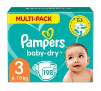 Pampers Couches Taille 3 (6-10 kg), Baby-Dry, 198 Couches Bébé, Pack 1 Mois, Jusqu'à 12h Bien Au Sec et Avec Double-Barrière Anti-Fuites