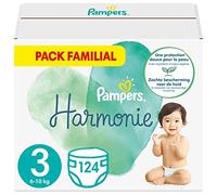 Pampers Couches Taille 3 (6-10 kg), Harmonie, 124 Couches Bébé (Lot de 4 x 31), 0% de compromis, 100% d'absorption, Ingrédients d'origine végétale, Hypoallergéniques