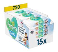Pampers Harmonie Aqua, 720 Lingettes pour Bébé (15x48), Sans Plastique, Sans Parfum, Protection de la Peau Délicate Avec 99% D'Eau, Aide à restaurer le pH naturel de la peau