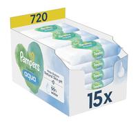 Pampers Harmonie Aqua, 720 Lingettes pour Bébé (15x48), Sans Platisque, Certifié OEKO-TEX, Protection De La Peau Délicate Avec 99% D’Eau, Aide à restaurer le pH naturel de la peau