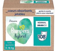 Pampers Harmonie Hybrid, 108 Cœurs de Protection Jetables pour Couche Lavable Hybride, 100% d'Absorption, Protège la Peau Sensible des Bébés, Ingrédients d'Origine Végétale et sans Parfum