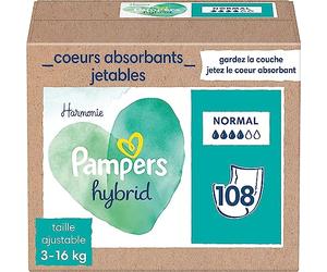 Pampers Harmonie Hybrid, 108 Cœurs de Protection Jetables pour Couche Lavable Hybride, 100% d'Absorption, Protège la Peau Sensible des Bébés, Ingrédients d'Origine Végétale et sans Parfum