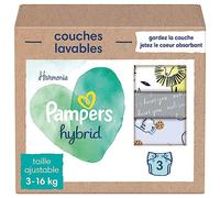 Pampers Harmonie Hybrid, 3 Couches Lavables Hybrid, Protège la Peau Sensible des Bébés, Avec des Ingrédients d’Origine Végétale et 0% de Parfum, Motifs Mignons