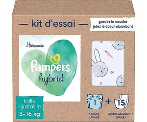 Pampers Harmonie Hybrid, Kit d’Essai 1 Couche Lavable + 15 Cœurs de Protection Jetables, Absorption Normale, Protège la Peau Sensible des Bébés, Avec des Ingrédients d’Origine Végétale et 0% Parfum