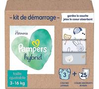 Pampers Harmonie Hybrid, Kit de Démarrage, 3 Couches Lavables + 25 Cœurs de Protection Jetables, Absorption Normale, Protège la Peau Sensible des Bébés, Avec Ingrédients d’Origine Végétale, 0% Parfum