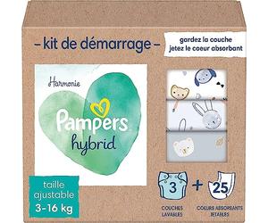 Pampers Harmonie Hybrid, Kit de Démarrage, 3 Couches Lavables + 25 Cœurs de Protection Jetables, Absorption Normale, Protège la Peau Sensible des Bébés, Avec Ingrédients d’Origine Végétale, 0% Parfum