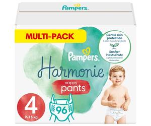 Pampers Harmony Pants Größe 4 (9-15kg) 0% Kompromiss, 100% Saugfähigkeit, pflanzliche Inhaltsstoffe, leicht zu wechseln, 96 Windeln (4x24er Pack)