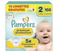 Pampers Premium Protection Couches Taille 2 x150 + 10 Lingettes Bébé | 4kg-8kg. Notre N°1 Pour La Protection De La Peau Et Contre Les Fuites. + 10 Lingettes Aqua Soft Touch Offertes.