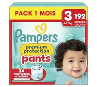 Pampers Premium Protection Pants Taille 3, 192 Couches-Culottes, 6kg-11kg, Maintien 360° et Barrières Anti-fuites Douces 2 fois plus larges, Meilleur Confort et Protection, Pack 1 Mois