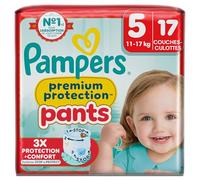 Pampers Premium Protection Pants Taille 5, 17 Couches-Culottes, 11kg-17kg, Avec un Maintien 360° et des Barrières Anti-fuites Douces 2 fois plus larges qu’avant pour Confort et Protection