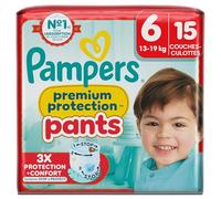 Pampers Premium Protection Pants Taille 6, 15 Couches-Culottes, 13kg-19kg, Avec un Maintien 360° et des Barrières Anti-fuites Douces 2 fois plus larges qu’avant pour Confort et Protection
