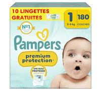 Pampers Premium Protection Taille 1, 180 Couches + 10 Lingettes Harmonie Aqua, 2-5kg, Double Protection pour la peau et contre les fuites