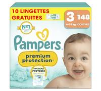 Pampers Premium Protection Taille 3, 148 Couches, 6-10kg, Double Protection Pour La Peau et Contre Les Fuites + 10 Lingettes Harmonie Aqua Gratuites