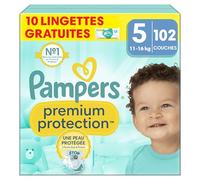 Pampers Premium Protection Taille 5, 102 Couches, 11-16kg, Double Protection Pour La Peau et Contre Les Fuites + 10 Lingettes Harmonie Aqua Gratuites