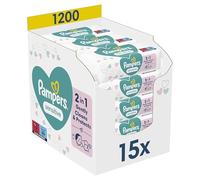 Pampers Sensitive, 1200 Lingettes pour Bébé (15x80), Sans Alcool ni Parfum, Certifié OEKO-TEX, Pour Une Toilette Douce Et Délicate