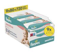 Pampers Sensitive Lingettes Pour Bébé, 9 Paquets De 80 Lingettes = 720 Lingettes, 2 En 1 Nettoie Délicatement Et Protège La Peau