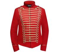 Pamposh Femmes Steampunk Hussar Militaire Batteur Parade Vestes - Napoleon Gothic Clothing - Ladies Marching Band Vestes - Emo Punk Femmes Vestes, Rouge/doré, XXL