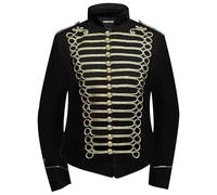 Pamposh Femmes Steampunk Hussar Militaire Batteur Parade Vestes - Napoleon Gothique Vêtements - Marching Band Vestes - Emo Punk Femmes Vestes, Noir/Doré, S