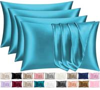 Pamposh Lot de 4 taies d'oreiller en Satin de Soie pour Cheveux et Peau, Taille Standard avec Fermeture à Rabat (50 x 75 cm), Sarcelle