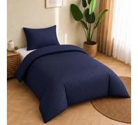Pamposh Parures de lit à Rayures en Relief Housse de Couette de qualité hôtelière supérieure Linge de lit hypoallergénique en Microfibre Ultra Douce (1-Marine, Single (135 x 200 cm))