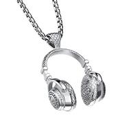 PAMTIER Acier Inoxydable DJ Casque Musique Écouteur Pendentif Charbonnier pour Hommes Argent Grand