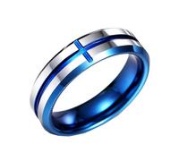 PAMTIER Anneau en Carbure de Tungstène pour Homme 6mm Anneau de Mariage Classique Anneau de Fiançailles Chrétien en Croix Rainurée Bleu Taille 68