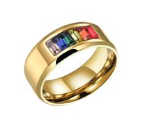 PAMTIER Arc-en-ciel Zircon Cubique LGBT Pride Bague Acier Inoxydable Émail Lesbienne Gay Bisexuel LGBTQ Pride Mois Bague de Mariage Or Taille 50