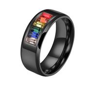 PAMTIER Bague en Acier Inoxydable pour Hommes LGBT Anneaux de Fierté Arc-en-Ciel LGBTQ 8mm Anneaux de Mariage en Zircon Cubique Noir 60