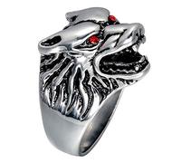 PAMTIER Bague Tête de Loup Yeux Rouges pour Hommes en Acier Inoxydable Argent Taille 60