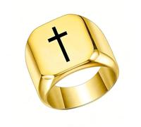 PAMTIER Homme Acier Inoxydable 17mm Carré Bague Chevalière Style Classique Simple Plat Large Croix Bague Promesse Or Taille 47