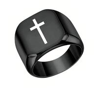 PAMTIER Homme Acier Inoxydable 17mm Carré Bague Chevalière Style Classique Simple Plat Large Croix Bague Promesse Noir Taille 60