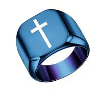 PAMTIER Homme Acier Inoxydable 17mm Carré Bague Chevalière Style Classique Simple Plat Large Croix Bague Promesse Bleu Taille 47