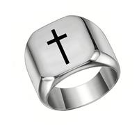 PAMTIER Homme Acier Inoxydable 17mm Carré Bague Chevalière Style Classique Simple Plat Large Croix Bague Promesse Argent Taille 54