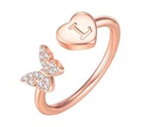 PAMTIER Initial Bagues pour Femmes Papillon Argent Rose Or Plaqué Ouvert Réglable Lettre A-Z Zirconium Cubique Nom Acier Inoxydable Mignon Déclaration Délicat Bijoux Or Rose Lettre L