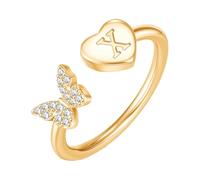 PAMTIER Initial Bagues pour Femmes Papillon Argent Rose Or Plaqué Ouvert Réglable Lettre A-Z Zirconium Cubique Nom Acier Inoxydable Mignon Déclaration Délicat Bijoux Or Lettre X