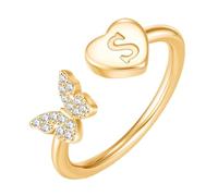 PAMTIER Initial Bagues pour Femmes Papillon Argent Rose Or Plaqué Ouvert Réglable Lettre A-Z Zirconium Cubique Nom Acier Inoxydable Mignon Déclaration Délicat Bijoux Or Lettre S