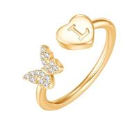 PAMTIER Initial Bagues pour Femmes Papillon Argent Rose Or Plaqué Ouvert Réglable Lettre A-Z Zirconium Cubique Nom Acier Inoxydable Mignon Déclaration Délicat Bijoux Or Lettre L