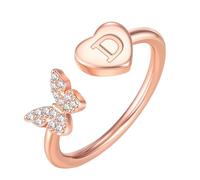 PAMTIER Initial Bagues pour Femmes Papillon Argent Rose Or Plaqué Ouvert Réglable Lettre A-Z Zirconium Cubique Nom Acier Inoxydable Mignon Déclaration Délicat Bijoux Or Rose Lettre D