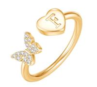 PAMTIER Initial Bagues pour Femmes Papillon Argent Rose Or Plaqué Ouvert Réglable Lettre A-Z Zirconium Cubique Nom Acier Inoxydable Mignon Déclaration Délicat Bijoux Or Lettre F