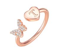 PAMTIER Initial Bagues pour Femmes Papillon Argent Rose Or Plaqué Ouvert Réglable Lettre A-Z Zirconium Cubique Nom Acier Inoxydable Mignon Déclaration Délicat Bijoux Or Rose Lettre T
