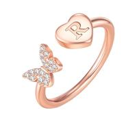 PAMTIER Initial Bagues pour Femmes Papillon Argent Rose Or Plaqué Ouvert Réglable Lettre A-Z Zirconium Cubique Nom Acier Inoxydable Mignon Déclaration Délicat Bijoux Or Rose Lettre R