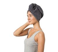 PANA® Turban à cheveux en 100 % coton I avec fermeture à bouton I Serviette absorbante pour les cheveux I Serviette douce I Disponible en 2 couleurs I Dimensions : 70 x 26 cm I Couleur : gris
