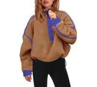 Panadila Pull en polaire Sherpa avec demi-fermeture éclair pour femme - Sweat doux surdimensionné avec poches - Pull chaud et pelucheux, Combo marron argile, Small