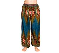 PANASIAM Sarouel Peacock Unisexe - Pantalon d'été léger Style Bohème | Pantalon décontracté à taille & chevilles élastiques, motif paon, femme & homme, festival, vacances & quotidien style GOA