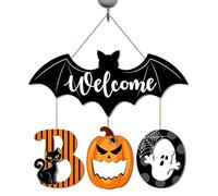 Pancarte de bienvenue Halloween pour porte | Décorations Porte d'Entrée en Bois | Panneau Mural Intérieur à Motif de Chauve-souris, et Chat Noir | pour l'Extérieur, Chambre, Bureau, Fenêtre, Mur, Fête