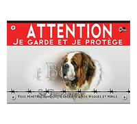 Pancarte métal Attention au chien saint-bernard poil long