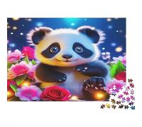 Panda avec Roses Roses, Puzzle 1000 pièces, Animaux rares, pièces précises emboîtables, Couleurs Vives, œuvre détaillée pour Adultes, 38x26cm
